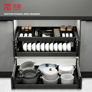 TIANYI Panier de rangement coulissant double couche pour tiroir de <span class=keywords><strong>cuisine</strong></span> avec plateau à couverts, fermeture amortie, organisateur d'assiettes et de casseroles, système de rangement pour armoire - Product Image 5