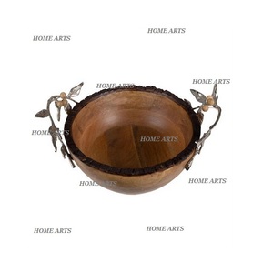 Tazón de madera para servir comida de último diseño con asas de hojas de metal Tazón para servir dátiles de calidad premium en India - Product Image 1