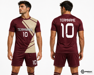 ชุดฟุตบอลสั่งทำ SINEWY SPORTS สำหรับผู้ชาย สีแดงเลือดหมู-เบจ พิมพ์ลายแบบ Sublimation ผ้าโพลีเอสเตอร์ 100% แขนสั้น ระบายเหงื่อได้ดี ชุดทีม - Product Image 4