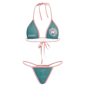Premium 200 GSM Nylon Spandex Women <b>Bikini</b> <b>Set</b> Green Pink Contrast Trim Tie Up Custom Logo Women <b>Bikinis</b> <b>Set</b> - Product Image 1