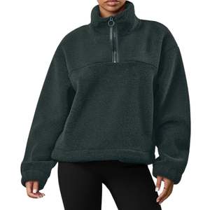 Veste polaire pour femme à demi-zip en sherpa vert forêt, chaude pour l'hiver, vert foncé, en peluche, vêtement d'extérieur décontracté, sweat-shirt en polaire - Product Image 3