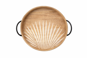 Nouveauté : Plateau rond en bois avec motif de feuilles de palmier, avec poignées, fait à la main, plateau de service, plateau à vendre - Product Image 5