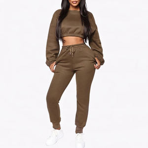 French Terry Sweat Suit Mujer Puff estampado recortado Zip up transpirable Sudadera con capucha y pantalones de chándal Jogger Set Mujer Chándal - Product Image 3