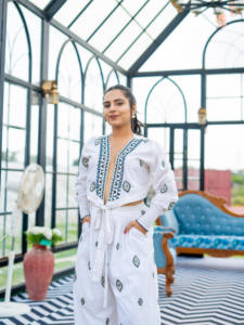 White Boho Embroidered Midi <b>Jumpsuit</b> V-Neck Bubble Sleeve Digital Printed Summer Romper Bohemian Resort Wear 100% Cotton - Product Image 4