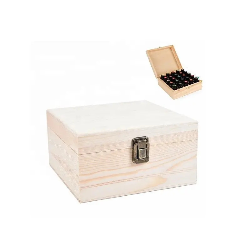 Wooden Box with Hinged Lid and Front Closure Safe Structure High Durability Essential Oil Case Natural Pine for Home for Travel
