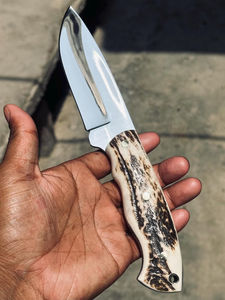 Cuchillo de Caza y Camping Hecho a Mano con Hoja Fija de Acero Inoxidable OEM, Mango de Cuerno de Ciervo, Funda de Cuero Personalizada, Garantía de 3 Años - Product Image 5