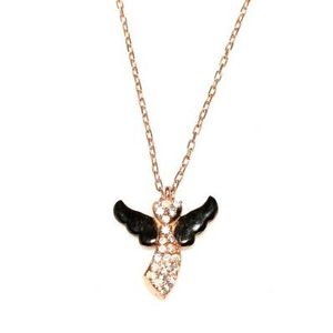 925 Sterling Silver Angel Necklace <b>Wings</b> Rhodium Gold Plated Featuring Pink <b>Black</b> White Diamonds Number for Gift Main Brass - Product Image 4