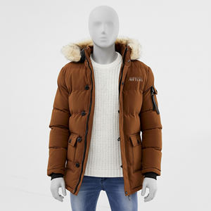 Parka d'hiver matelassée décontractée pour homme en toile marron polyester/coton avec broderie sur le devant et capuche - Product Image 3