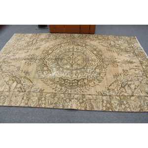 5.7x8.8 ft Turkish Rug, Vintage Large Rug, <b>Brown</b> Blue Bordered <b>Wool</b> Rug - Product Image 3