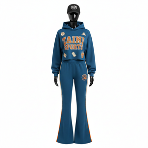 Chándal de Felpa de Algodón para Mujer, 300 GSM, Tejido Cálido y Duradero, Color Azul Verde Azulado, Paneles Laterales con Rayas, Logotipo Estampado, Tallas Grandes - Product Image 1