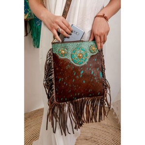 High Quality <b>Boho</b> Vintage Women's Western-Style Turquoise Stone Leather Shoulder <b>Bag</b> Single Strap Embroidery Fringe New Hide Fur - Product Image 4