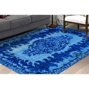 Alfombra Turca con Medallón Azul: Alfombra Geométrica Fácil de Limpiar, Alfombra Estampada, Alfombra de Chenilla - Product Image 4