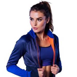 Women's Blue Athletic <b>Zip</b> <b>Up</b> <b>Jacket</b> with Orange Trim Long Sleeve Workout Running Gym Sportswear - Product Image 4