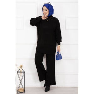Conjunto Casual de Dos Piezas de Punto Acanalado, Top Halter con Cuello Pescador Negro y Estampado a Rayas, Corte Holgado para Primavera e Invierno - Product Image 1