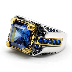 Hallmarked Vintage <b>Silver</b> Asscher Cut Sapphire Statement <b>Ring</b> for <b>Men</b> - Product Image 5