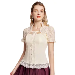 Haut OEM en dentelle pour femmes, vêtement gothique avec col montant, style Steampunk, Patchwork à manches courtes, dentelle noire,