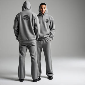 Sweat-shirt à capuche zippé et pantalon évasé 100% coton molletonné pour hommes 3/4 Ensemble de survêtement respirant avec logo sur le devant et l'arrière Couleur unie 1/4 - Product Image 4