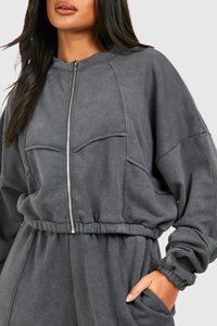OEM/ODM Women Loose Fit 100% Cotton <b>Zip</b> <b>Up</b> Acid Wash Tracksuit Custom Logo Vintage Washed Streetwear Sweat Suits - Product Image 3