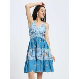 Robe d'été sans manches bleue à imprimé pour femmes, col en V, coupe évasée, longueur genou, robe décontractée, coton léger, robe tendance - Product Image 2