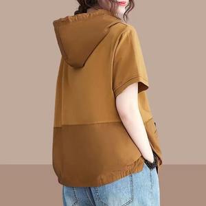 Camiseta de gran tamaño de tendencia de verano informal para mujer, camisetas de manga corta con capucha de retazos transpirables, ajuste holgado - Product Image 5