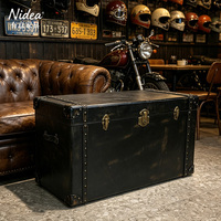 Mesa de centro vintage de cuero envejecido con tapa elevable, baúl de almacenamiento industrial con herrajes de latón antiguo, caja de campaña