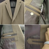 Costume homme camel beige, simple boutonnage, deux boutons, revers cranté, poche plaquée avec surpiqûres, doublure satinée, costumes d'affaires sur mesure