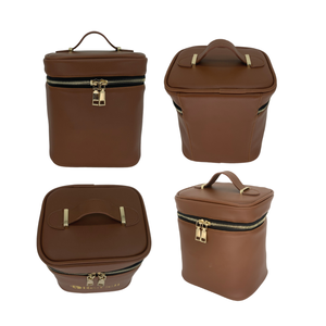 Bolsa de cosméticos de maquillaje personalizada con logotipo personalizado, bolsas de cosméticos de maquillaje de material PU marrón claro con cremallera - Product Image 4