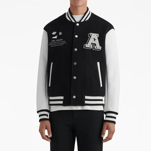 Chaqueta universitaria de béisbol básica para hombre con cuello levantado, ropa de abrigo personalizada para temporada de invierno, bombardero con letras de cuero de retazos bordados - Product Image 2