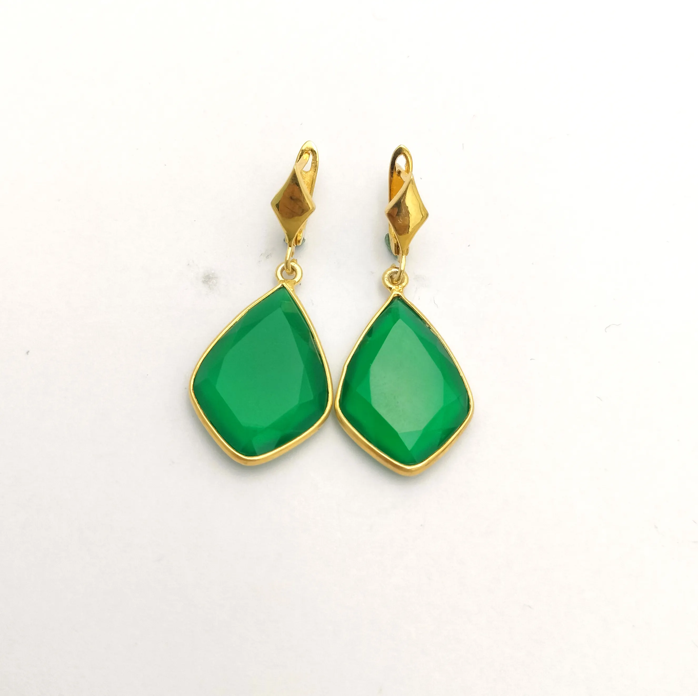 New Arrival Handmade 925 Sterling Silver Green Onyx Cut Stone Gold Plated Silver Earring For Women Best For Gifting Cute Girls
