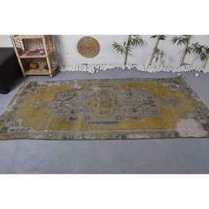 Alfombra de lana Vintage de 4x8 pies en amarillo y azul Diseño de retazos de área grande para entrada o cabecera para la temporada de verano - Product Image 3