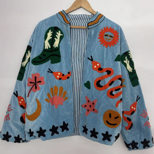 Handmade Suzani Embroidered Cotton <b>Jacket</b> <b>Kantha</b> Stitch Bohemian CoatEmbroidered Velvet <b>Jacket</b> - Product Image 1