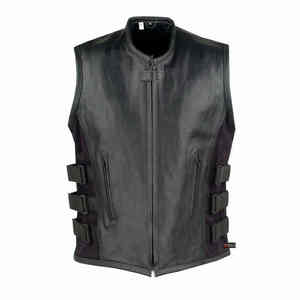 Gilet en cuir noir pour hommes bretelles latérales réglables sans manches fermeture à glissière vêtements d'extérieur durables coupe classique vêtements utilitaires confortables - Product Image 1