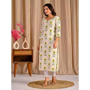 Vestidos Kurti Rectos de Algodón y Yute con Estampado Butta Blanco y Verde, Transpirables, con Elementos de Moda Sencillos - Product Image 4