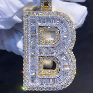 Style Hip Hop de luxe 3Ct taille baguette Moissanite diamant initiale 'B' pendentif 14K plaqué or jaune unisexe en argent sterling 925 - Product Image 1