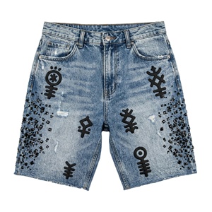 Shorts en jean personnalisés pour femmes, strass, streetwear, coupe régulière, délavé, taille haute, braguette boutonnée, polyester/coton, OEM - Product Image 1