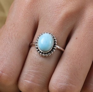Top Class 925 Sterling Silver <b>Fine</b> <b>Ring</b> Genuine Republic 8x10MM Larimar Oval Cabochon Beaded Dainty Minimalist Classic Parties - Product Image 2