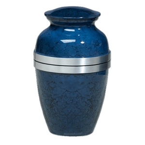 Fabricante de urna de cremación de Metal para adultos con aspecto atractivo moderno de esmalte azul con bandas plateadas Nuevo diseño personalizado Urna de cremación funeraria - Product Image 1