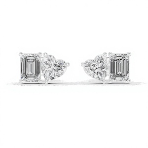 Heart and <b>Emerald</b> Cut Moissanite <b>Stud</b> Earrings 925 Sterling Silver - Product Image 1