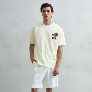 T-Shirt Regular Fit Beige Chiaro 100% Cotone Stampa Floreale Manica Corta Anti-Pilling Stile Normcore/Minimalista 240 Grammi con Filigrana - Product Image 1