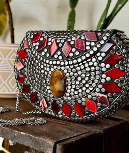 Polished Cut Stone Mosaic Metal Clutch Antique Imitation Angel Design Women/Girls Wedding Bridal Halloween <b>Christmas</b> Decoration - Product Image 2