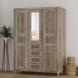 Armoire à miroir en teck massif moderne, fabriquée à la main, avec tiroirs, finition vieillie, meubles de maison, rangement de chambre à coucher, appartement - Product Image 1