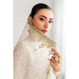 Tissu de mariage pour femme en mousseline de soie brodée blanche, 3 pièces, SF-687 - Product Image 6