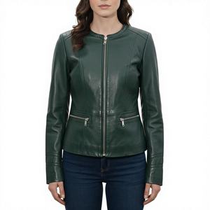 Veste en cuir d'agneau vert pour femme Leathertex, imperméable et coupe-vent, coupe ajustée, style minimaliste élégant, toutes saisons - Product Image 1