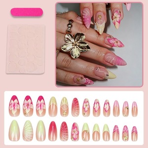 HYC-DZ-1801 <span class=keywords><strong>Uñas</strong></span> Postizas Rosas y Amarillas con Flores Francesas, Gel 3D Estilo Dulce, Reutilizables, Cobertura Completa, Hechas a Mano - Product Image 2