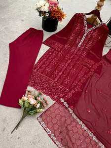 Robe brodée de couleur rouge à manches longues, costume pakistanais 3 pièces Salwar Kameez, vêtements traditionnels faits à la main de créateur - Product Image 5