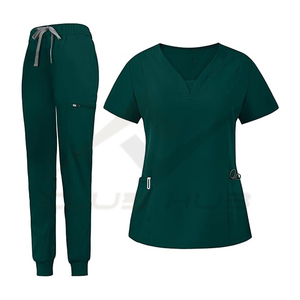 Vente en gros Ensemble de costumes d'hôpital modernes pour femmes avec logo personnalisé Haut à col en V et pantalon de jogging à jambe fuselée en tissu tissé - Product Image 1