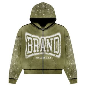 Ropa de calle de seda personalizada Sudadera serigrafiada Cremallera sólida Lavado ácido de gran tamaño Rip Raw Hem recortada Sudadera con capucha para hombre - Product Image 3