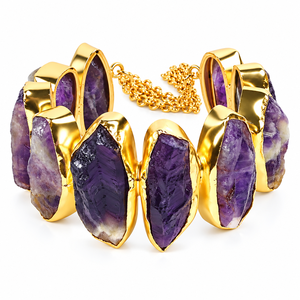 Natural Raw Crystal Stone Adjustable <b>Bracelet</b> for <b>Girls</b> & Women Gold Tone Amethyst & Black Tourmaline Designer Jewelry - Product Image 1