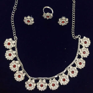 Elegant Gold-Plated Flower Pendant Necklace Set with Red stone and Matching Earrings | Bridal & Festive Jewelry Model 23231 - Product Image 1