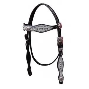 Caballo occidental de cuero negro de la mejor calidad, juego de tachuelas de caballo con una oreja, tachuelas plateadas, hechas a mano con tachuelas - Product Image 1